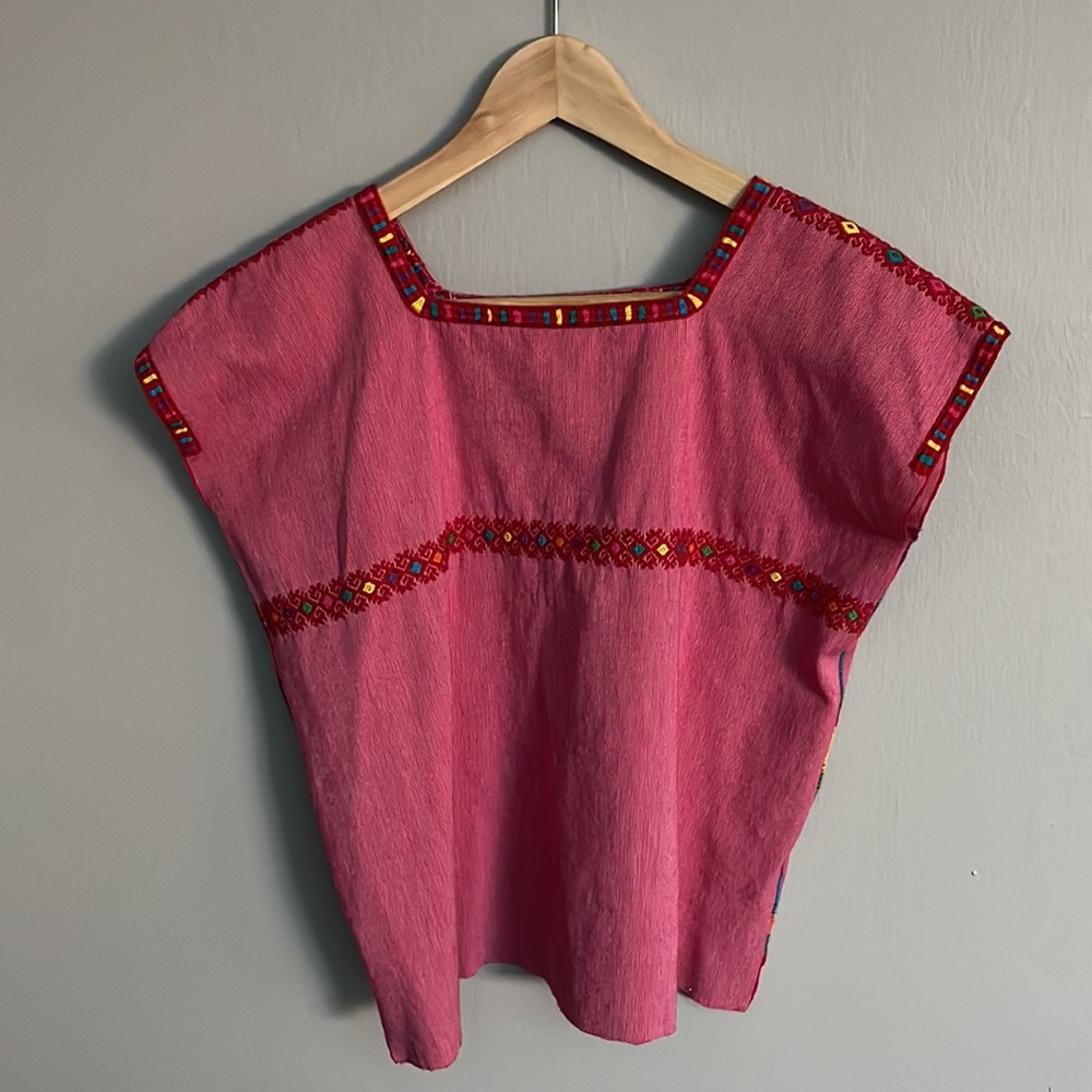 Handmade embroidered cotton rainbow blouse from Mexico. Size small to XS